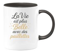 quotedazur - Mug Personnalisé Tasse Cadeau Original Humour La Vie Est Plus Belle Avec Des Paillettes - Noir/Céramique