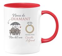 quotedazur - Mug Personnalisé Tasse Cadeau Original Humour Noces De Diamant Nos Anniversaire 60 Ans 20/08/2024 Camille Et Legrand - Rouge/Céramique