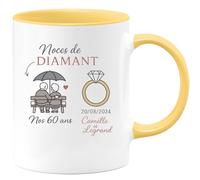 quotedazur - Mug Personnalisé Tasse Cadeau Original Humour Noces De Diamant Nos Anniversaire 60 Ans 20/08/2024 Camille Et Legrand - Jaune/Céramique