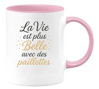 quotedazur - Mug Personnalisé Tasse Cadeau Original Humour Noël La Vie Est Plus Belle Avec Des Paillettes - Rose/Céramique