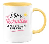 quotedazur - Mug Personnalisé Tasse Cadeau Original Humour Noël Libérée Retraitee Je Ne Travaillerai Plus Jamais - Jaune/Céramique