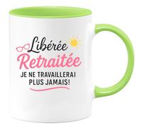 quotedazur - Mug Personnalisé Tasse Cadeau Original Humour Noël Libérée Retraitee Je Ne Travaillerai Plus Jamais - Vert/Céramique