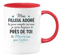 quotedazur - Mug Personnalisé Tasse Cadeau Original Humour Noël Mon Filleul Adoré Tu Peux Compter Sur Moi Je Serai Toujours Près De Toi Ta Marraine Qui T'Adore - Rouge/Céramique