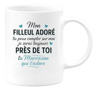 quotedazur - Mug Personnalisé Tasse Cadeau Original Humour Noël Mon Filleul Adoré Tu Peux Compter Sur Moi Je Serai Toujours Près De Toi Ta Marraine Qui T'Adore - Blanc/Céramique