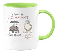 quotedazur - Mug Personnalisé Tasse Cadeau Original Humour Noël Noces De Diamant Nos Anniversaire 60 Ans 20/08/2024 Camille Et Legrand - Vert/Céramique