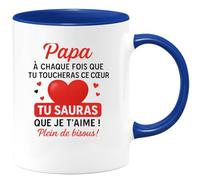 quotedazur - Mug Personnalisé Tasse Cadeau Original Humour Noël Papa À Chaque Fois Que Tu Toucheras Ce Coeur Tu Sauras Que Je T'Aime Plein De Bisous Futur Anniversaire Fête Des Pères - Bleu/Céramique
