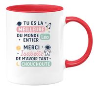 quotedazur - Mug Personnalisé Tasse Cadeau Original Humour Noël Tu Es La Meilleure Nounou Du Monde Entier Léo Merci Isabelle De M'Avoir Tant Chouchouté - Rouge/Céramique