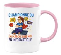 quotedazur - Mug Personnalisé Tasse Humour Championne Du 'Ça Marche Chez Moi' En Informatique Cadeau Noël Original Départ Collègue - Rose/Céramique