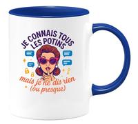 quotedazur - Mug Personnalisé Tasse Humour Je Connais Tous Les Potins Mais Ne Dis Rien (Ou Presque) Cadeau Noël Original Départ Collègue - Bleu/Céramique