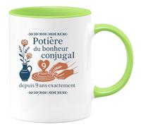 quotedazur - Mug potière du bonheur conjugal depuis 9 ans exactement - Tasse Cadeau Noces de Faïence Femme - Vert/Céramique