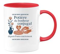 quotedazur - Mug potière du bonheur conjugal depuis 9 ans exactement - Tasse Cadeau Noces de Faïence Femme - Rouge/Céramique