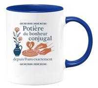 quotedazur - Mug potière du bonheur conjugal depuis 9 ans exactement - Tasse Cadeau Noces de Faïence Femme - Bleu/Céramique