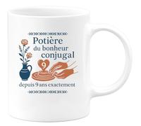 quotedazur - Mug potière du bonheur conjugal depuis 9 ans exactement - Tasse Cadeau Noces de Faïence Femme - Blanc/Céramique