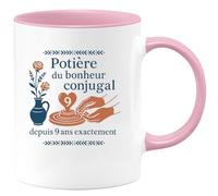 quotedazur - Mug potière du bonheur conjugal depuis 9 ans exactement - Tasse Cadeau Noces de Faïence Femme - Rose/Céramique