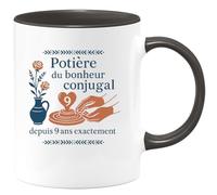 quotedazur - Mug potière du bonheur conjugal depuis 9 ans exactement - Tasse Cadeau Noces de Faïence Femme - Noir/Céramique