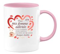quotedazur - Mug Pour ma femme adorée, tu es la raison pour laquelle j'ai hâte de me lever chaque matin - Tasse Cadeau Amour, Saint-Valentin, Couple Femme - Rose/Céramique
