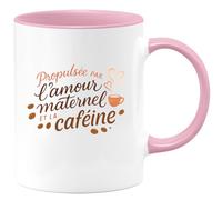 quotedazur - Mug Propulsée par l'amour maternel et la caféine - Tasse Cadeau Maman Femme - Rose/Céramique
