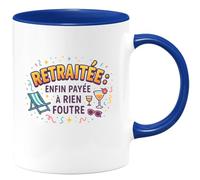 quotedazur - Mug Retraitée : enfin payée à rien foutre - Tasse Cadeau Humour Femme - Bleu/Céramique