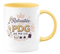 quotedazur - Mug Retraitée : Enfin PDG de Ma Vie - Tasse Cadeau Retraite Femme - Jaune/Céramique