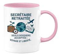 quotedazur - Mug Secrétaire retraitée. Seuls dossiers acceptés : voyage et liberté. - Tasse Cadeau Départ Retraite Femme - Rose/Céramique
