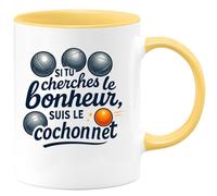 quotedazur - Mug Si tu cherches le bonheur, suis le cochonnet - Tasse Cadeau Pétanque Homme - Jaune/Céramique