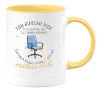 quotedazur - Mug Ton bureau vide nous rappellera quotidiennement qu'on a perdu notre meilleur alibi - Tasse Cadeau Collègue Femme - Jaune/Céramique
