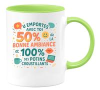 quotedazur - Mug Tu emportes avec toi 50% de la bonne ambiance et 100% des potins croustillants - Tasse Cadeau Collègue Femme - Vert/Céramique