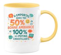 quotedazur - Mug Tu emportes avec toi 50% de la bonne ambiance et 100% des potins croustillants - Tasse Cadeau Collègue Femme - Jaune/Céramique