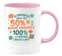 quotedazur - Mug Tu emportes avec toi 50% de la bonne ambiance et 100% des potins croustillants - Tasse Cadeau Collègue Femme - Rose/Céramique