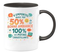 quotedazur - Mug Tu emportes avec toi 50% de la bonne ambiance et 100% des potins croustillants - Tasse Cadeau Collègue Femme - Noir/Céramique