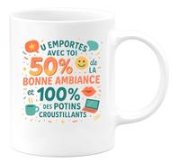 quotedazur - Mug Tu emportes avec toi 50% de la bonne ambiance et 100% des potins croustillants - Tasse Cadeau Collègue Femme - Blanc/Céramique