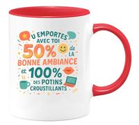 quotedazur - Mug Tu emportes avec toi 50% de la bonne ambiance et 100% des potins croustillants - Tasse Cadeau Collègue Femme - Rouge/Céramique