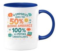 quotedazur - Mug Tu emportes avec toi 50% de la bonne ambiance et 100% des potins croustillants - Tasse Cadeau Collègue Femme - Bleu/Céramique