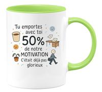 quotedazur - Mug Tu emportes avec toi 50% de notre motivation. C'était déjà pas glorieux - Tasse Cadeau Départ collègue - Vert/Céramique