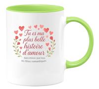 quotedazur - Mug Tu es ma plus belle histoire d'amour, bien mieux que tous les films romantiques - Tasse Cadeau Amour, Saint-Valentin, Couple Femme - Vert/Céramique