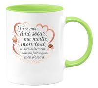 quotedazur - Mug Tu es mon âme soeur, ma moitié, mon tout, et accessoirement celle qui finit toujours mon dessert - Tasse Cadeau Amour, Saint-Valentin, Couple Femme - Vert/Céramique