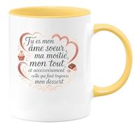 quotedazur - Mug Tu es mon âme soeur, ma moitié, mon tout, et accessoirement celle qui finit toujours mon dessert - Tasse Cadeau Amour, Saint-Valentin, Couple Femme - Jaune/Céramique