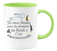 quotedazur - Mug Tu nous laisses avec les réunions du lundi. C'est impardonnable - Tasse Cadeau Départ collègue - Vert/Céramique