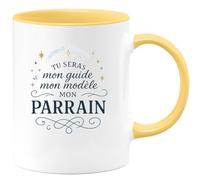 quotedazur - Mug Tu seras mon guide mon modèle mon parrain - Tasse Cadeau Baptême Demande Futur Parrain Homme - Jaune/Céramique