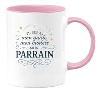 quotedazur - Mug Tu seras mon guide mon modèle mon parrain - Tasse Cadeau Baptême Demande Futur Parrain Homme - Rose/Céramique