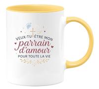 quotedazur - Mug veux tu être mon parrain d'amour pour toute la vie - Tasse Cadeau Baptême Demande Futur Parrain Homme - Jaune/Céramique