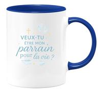 quotedazur - Mug veux-tu être mon parrain pour la vie ? - Tasse Cadeau Baptême Demande Futur Parrain Homme - Bleu/Céramique