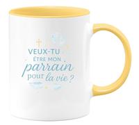 quotedazur - Mug veux-tu être mon parrain pour la vie ? - Tasse Cadeau Baptême Demande Futur Parrain Homme - Jaune/Céramique