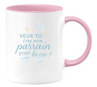 quotedazur - Mug veux-tu être mon parrain pour la vie ? - Tasse Cadeau Baptême Demande Futur Parrain Homme - Rose/Céramique