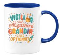 quotedazur - Mug Vieillir c'est obligatoire, grandir c'est optionnel - Tasse Cadeau Anniversaire Femme - Bleu/Céramique