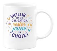 quotedazur - Mug Vieillir est une obligation, rester jeune un choix ! - Tasse Cadeau Anniversaire - Blanc/Céramique