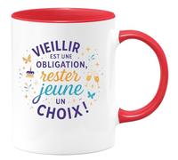 quotedazur - Mug Vieillir est une obligation, rester jeune un choix ! - Tasse Cadeau Anniversaire - Rouge/Céramique
