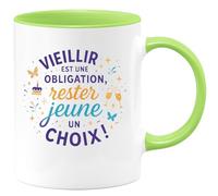 quotedazur - Mug Vieillir est une obligation, rester jeune un choix ! - Tasse Cadeau Anniversaire - Vert/Céramique
