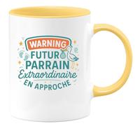 quotedazur - Mug Warning futur parrain extraordinaire en approche - Tasse Cadeau Baptême Demande Futur Parrain Homme - Jaune/Céramique