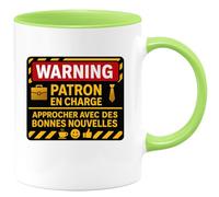 quotedazur - Mug WARNING : Patron en charge, approcher avec des bonnes nouvelles - Tasse Cadeau Patron Homme - Vert/Céramique